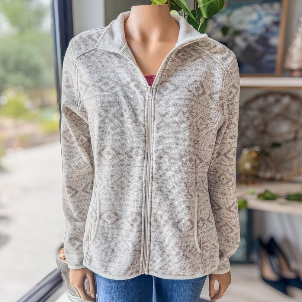 Eddie Bauer Aztec Geometric Full Zip Fleece Jacket White Gray Women's Large L